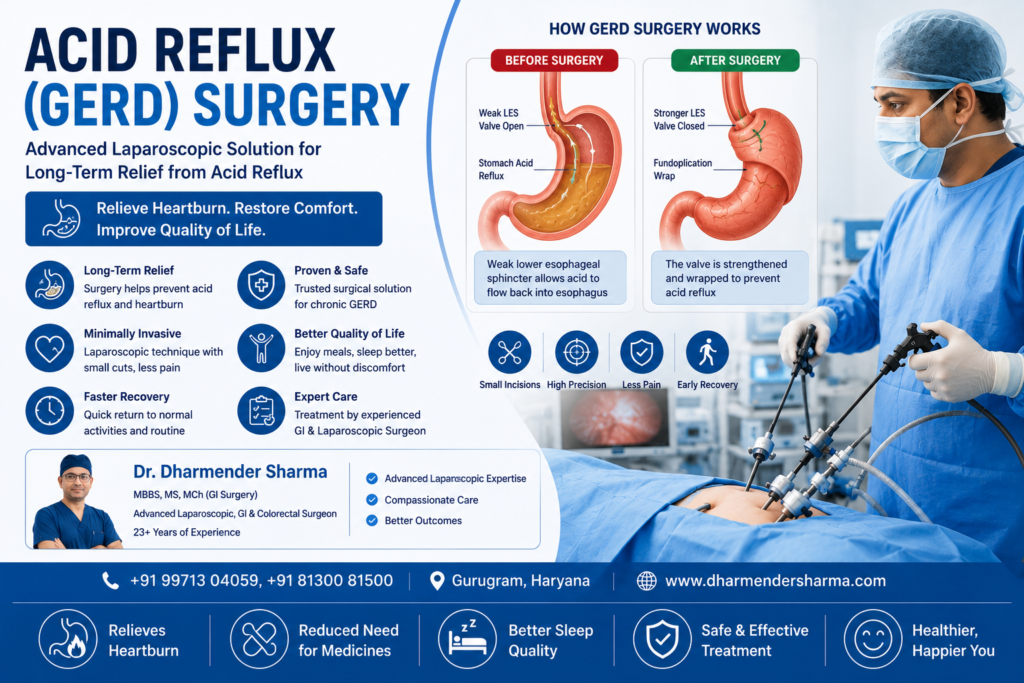 GERD acid reflux surgery in Gurugram by Dr. Dharmender Sharma using advanced laparoscopic treatment