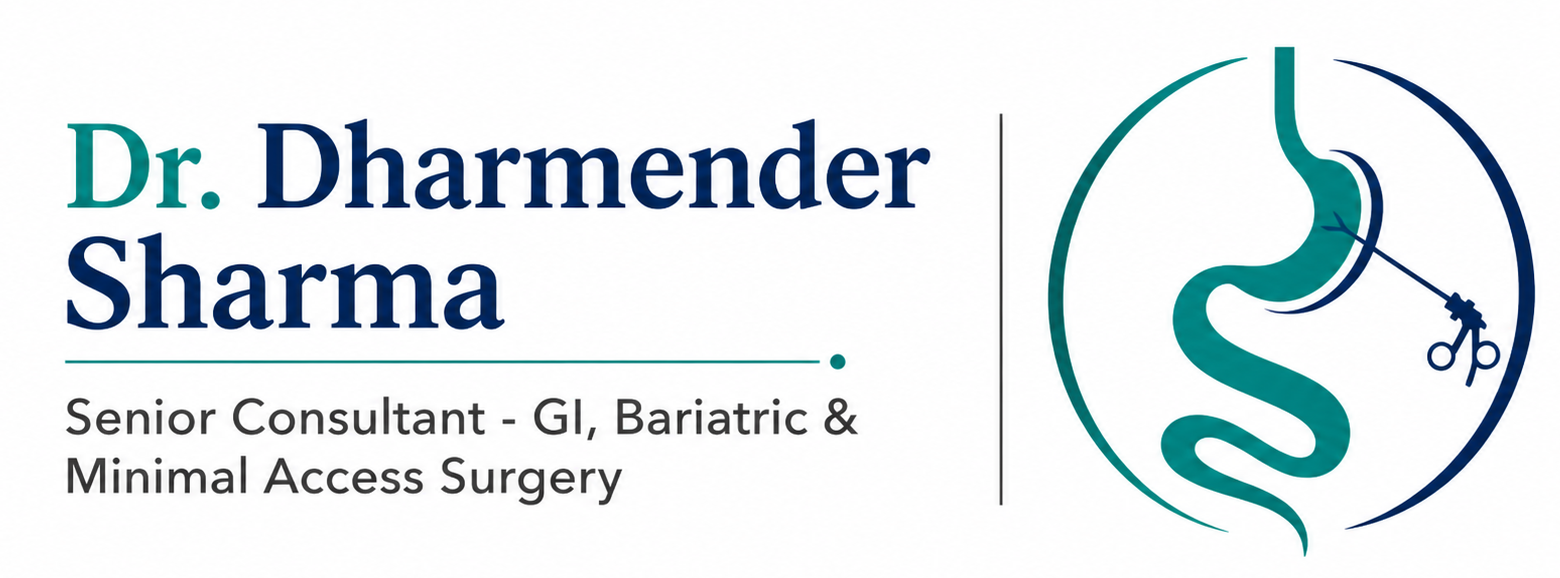 Dr. Dharmender Sharma official healthcare branding and GI surgery logo in Gurugram