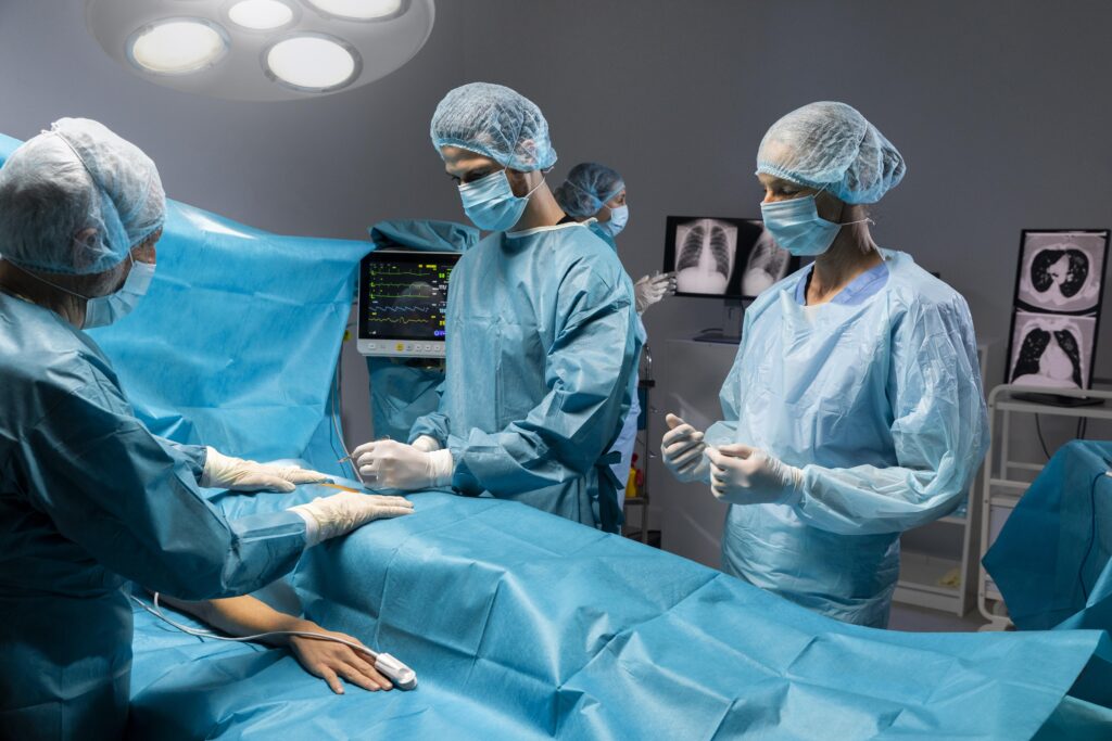 Advanced surgical procedure performed by expert medical team in modern operation theatre